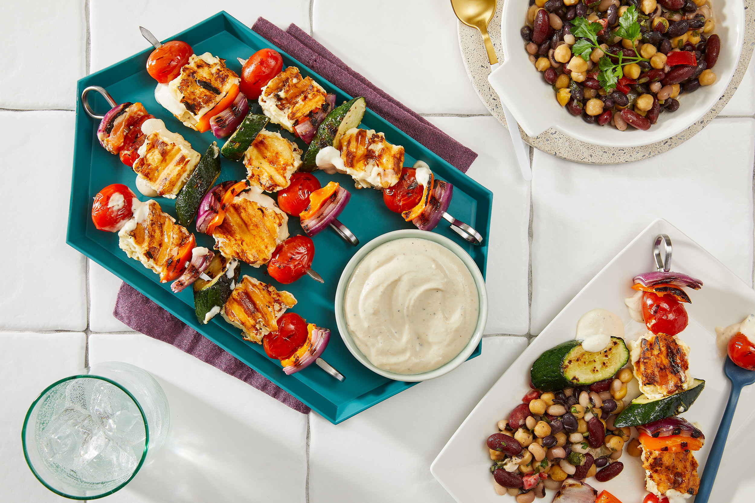Feta Skewers - grilled chicken and veggies with dip
